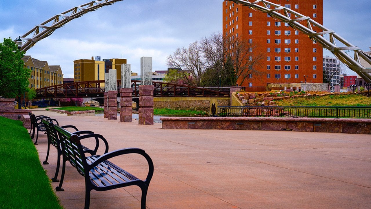 Boardwalk and benches along the Big Sioux River Trail in South Dakota.