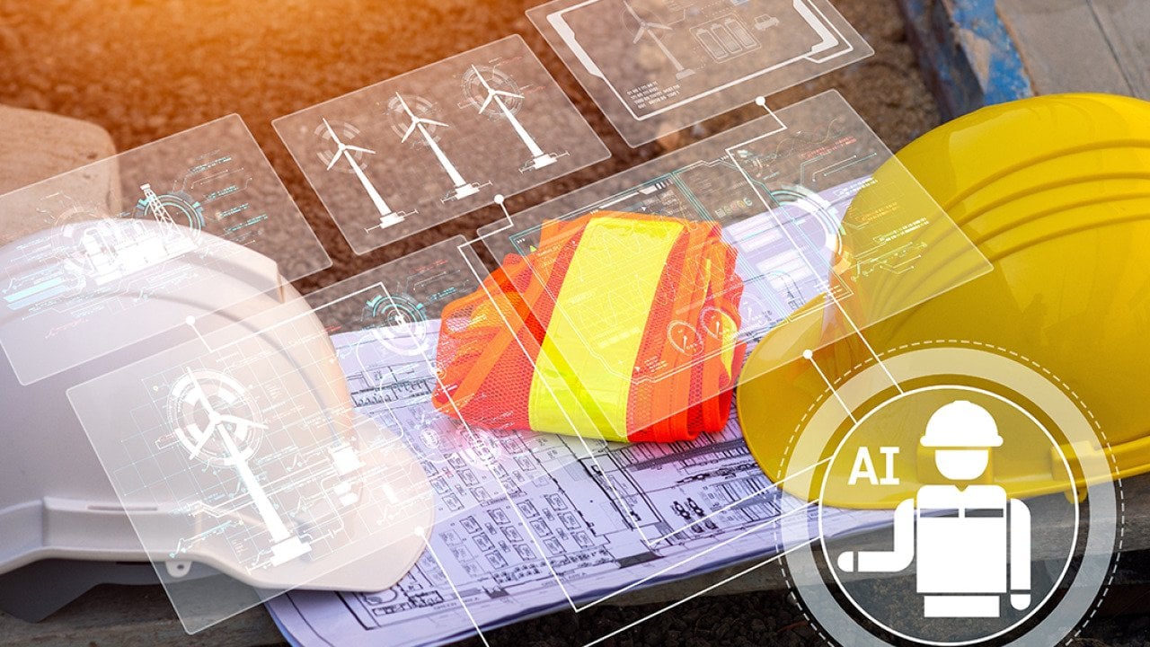 Construction site gear and printed plans illustrated with AI software graphics.