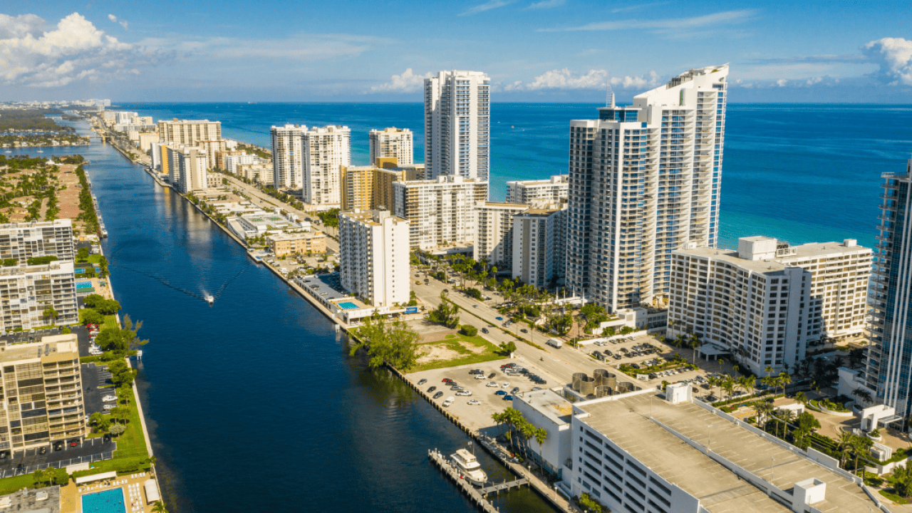 An aerial view of Hollywood Beach, Florida on a clear day.