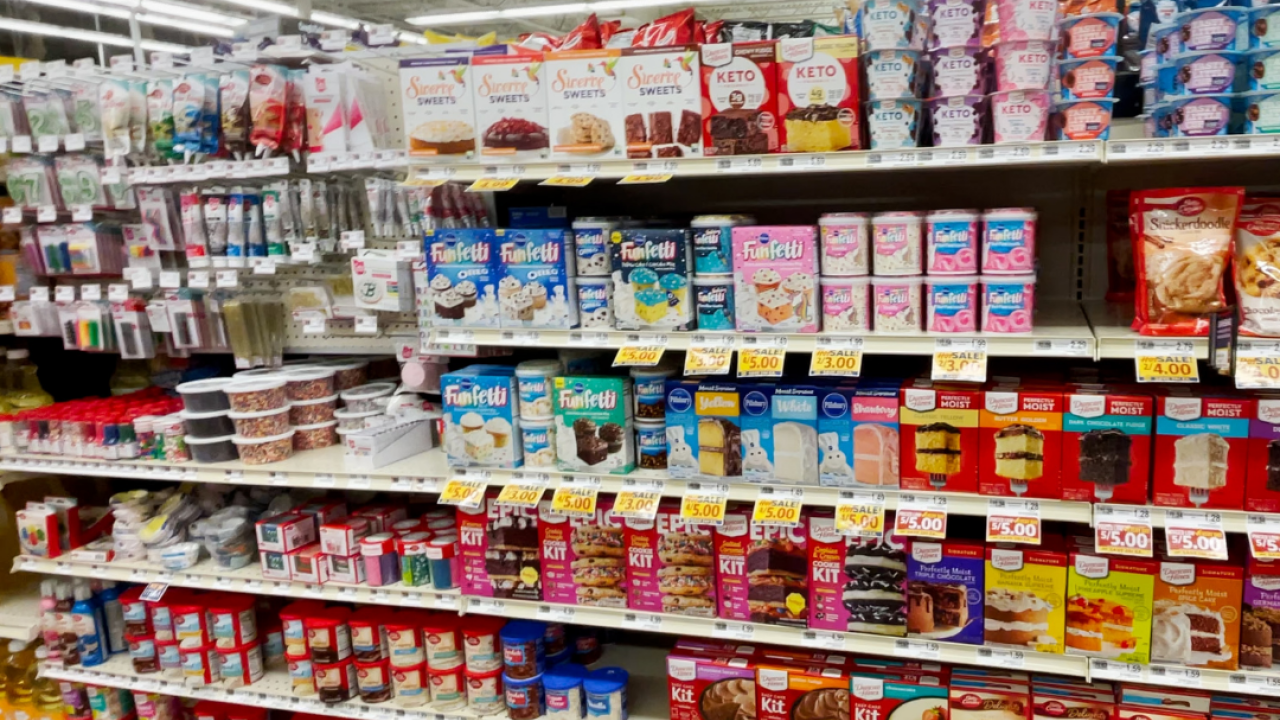 The baking aisle at a grocery store.