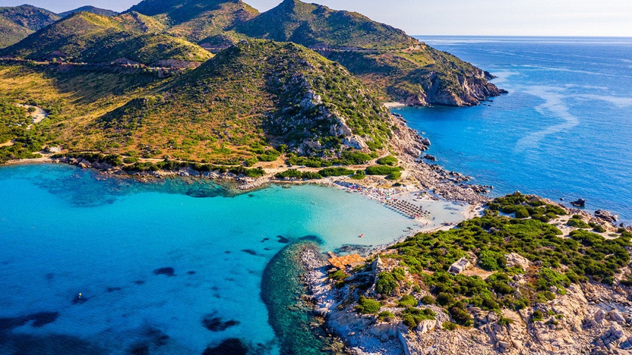 An aerial view of the beautiful beach at Punta Molentis, Villasimius in Sardinia, Italy.