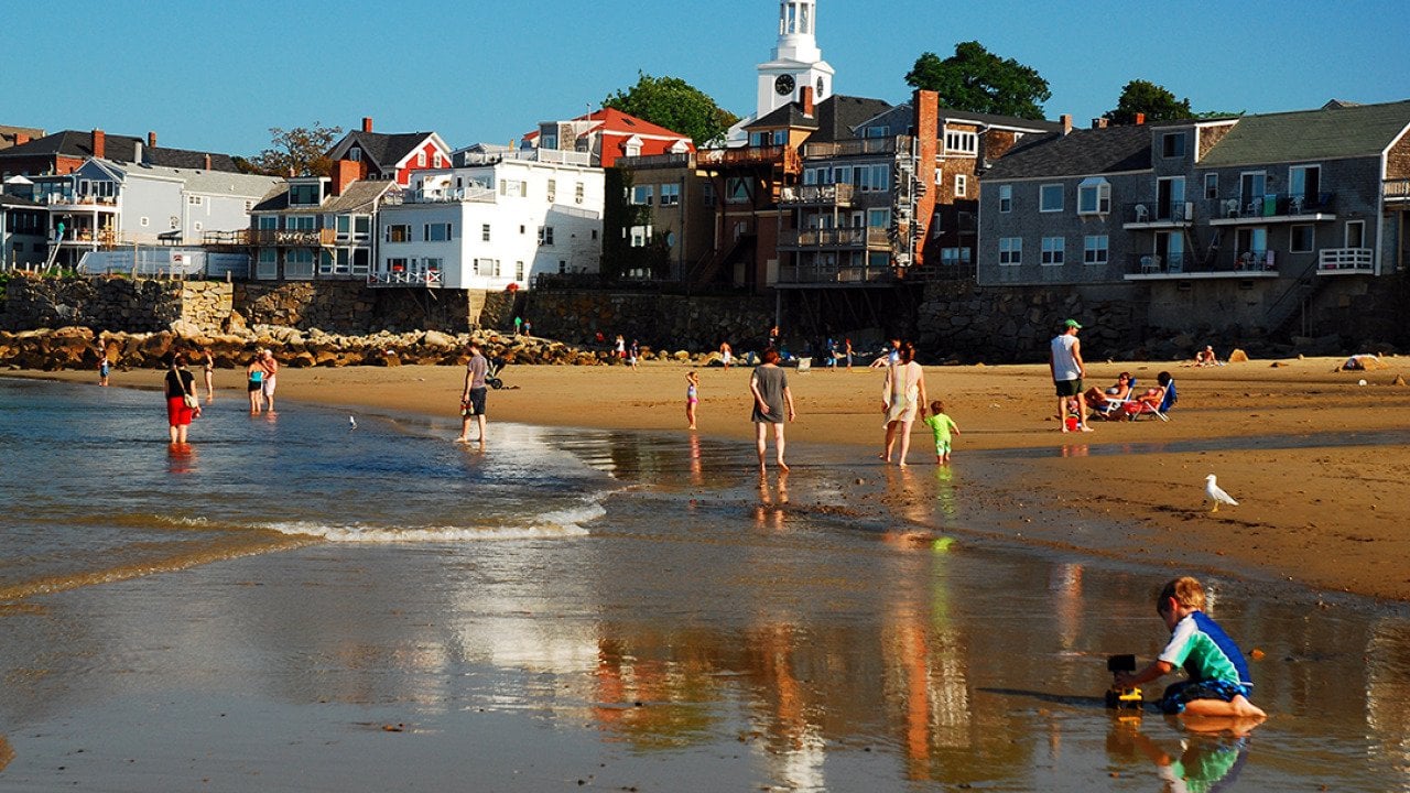 Families enjoying at the Front Beach in Rockport, Massachusetts.