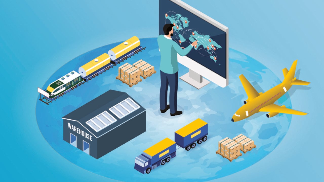 A vector illustration of shipment systems coordinated for global logistics and distribution.