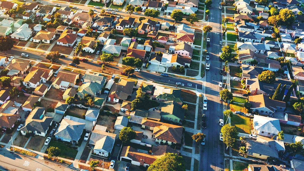 An aerial view of a residential neighborhood in Hawthorne, Los Angeles.