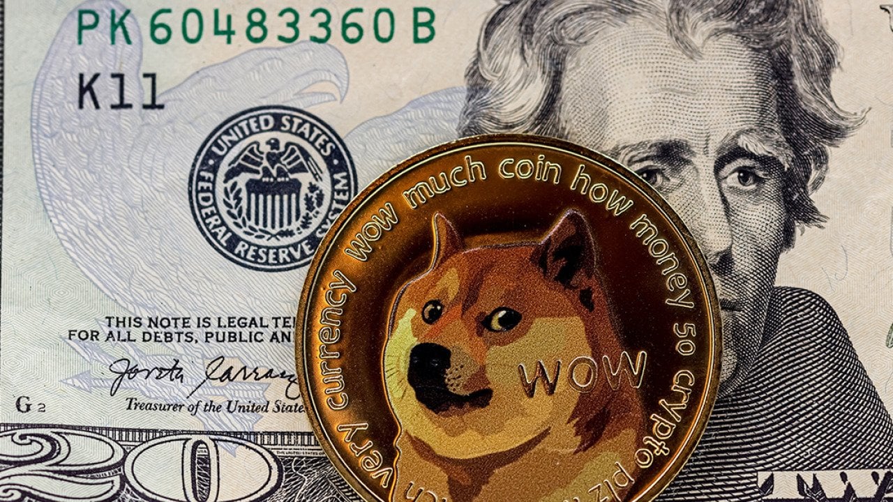 Crypto Dogecoin in front of a $20 US banknote.
