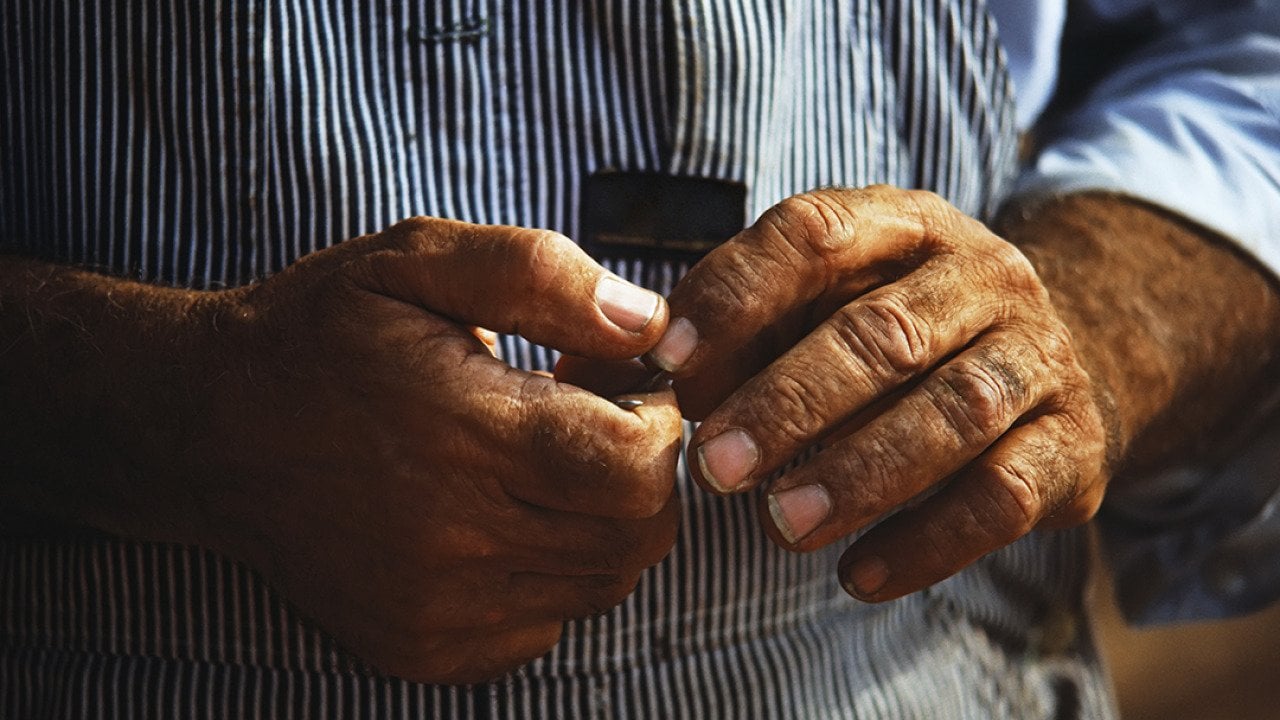 Close up of a farmer's hands.