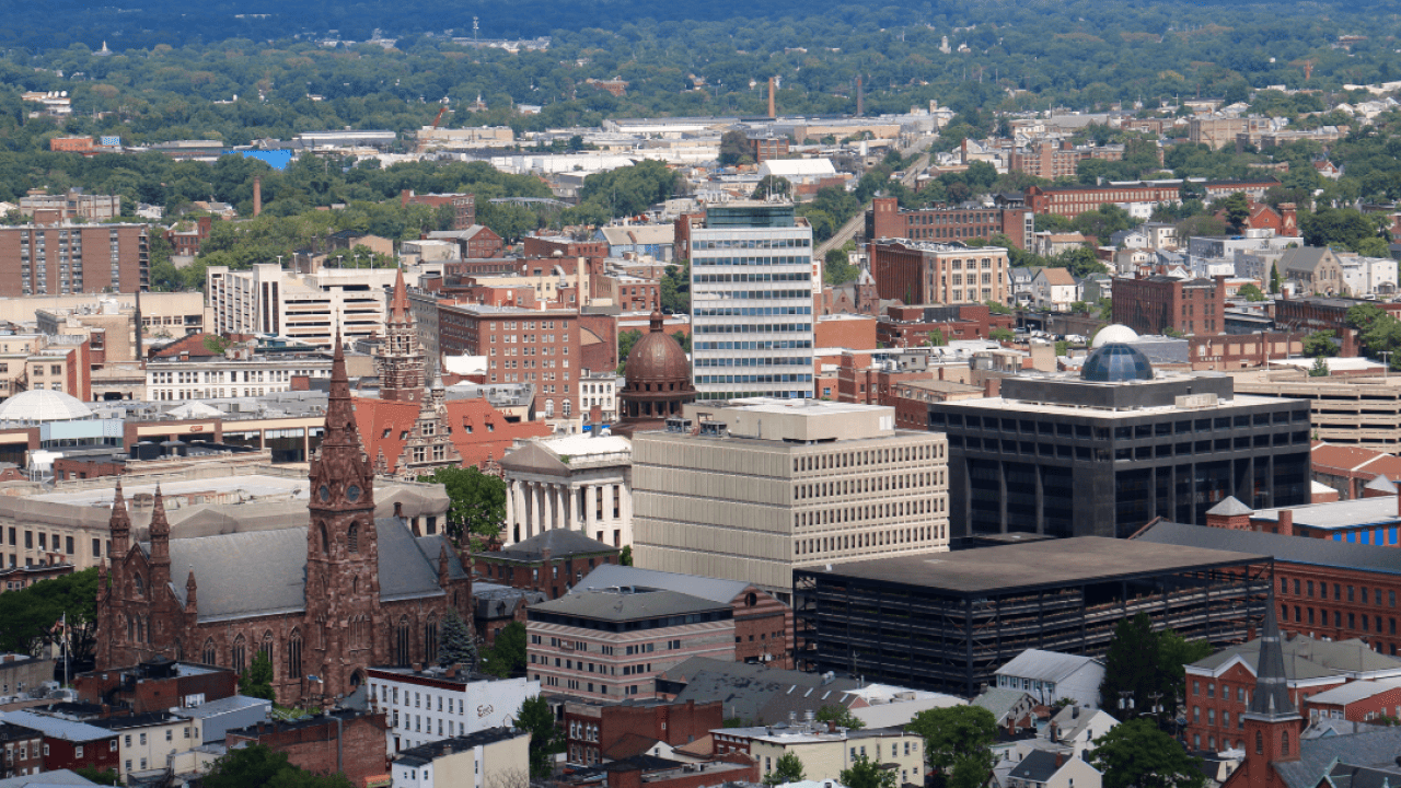 Cityscape view of downtown Paterson, New Jersey, from Garret Mountain Reservation.