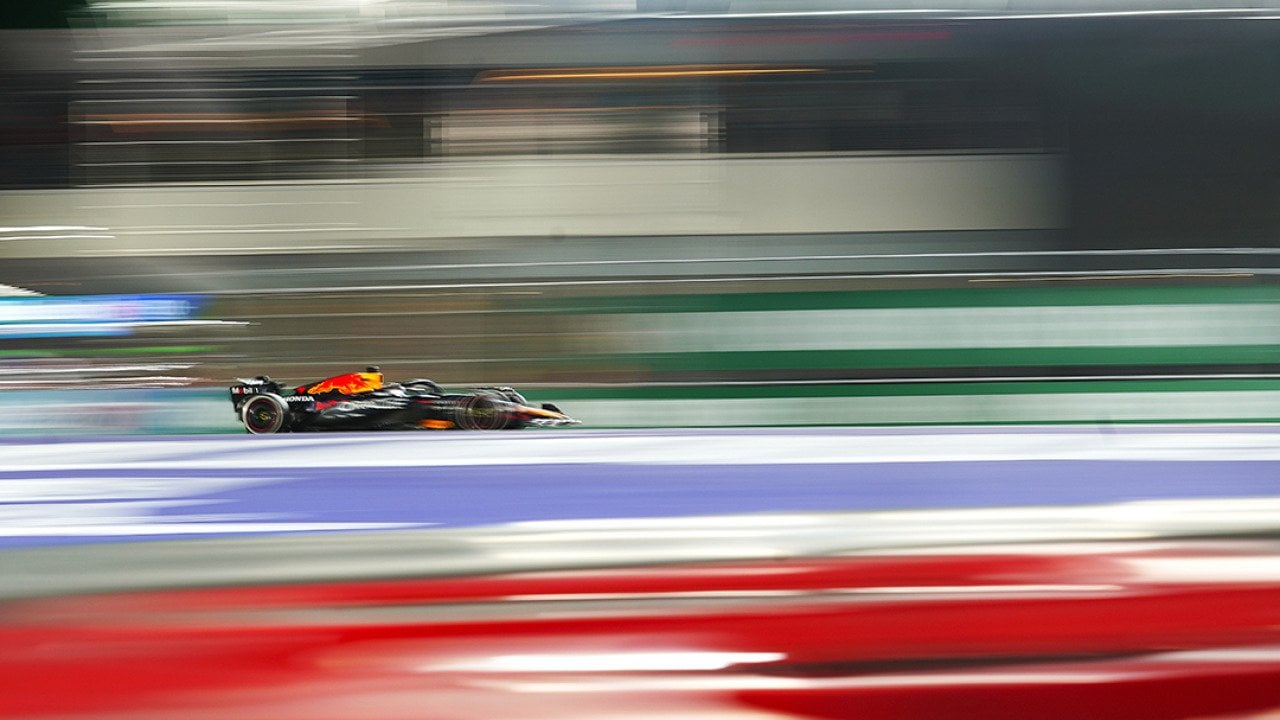 Red Bull's Dutch driver Max Verstappen in motion as he competes during the race of the 2025 Formula One U.S. Grand Prix in Las Vegas.