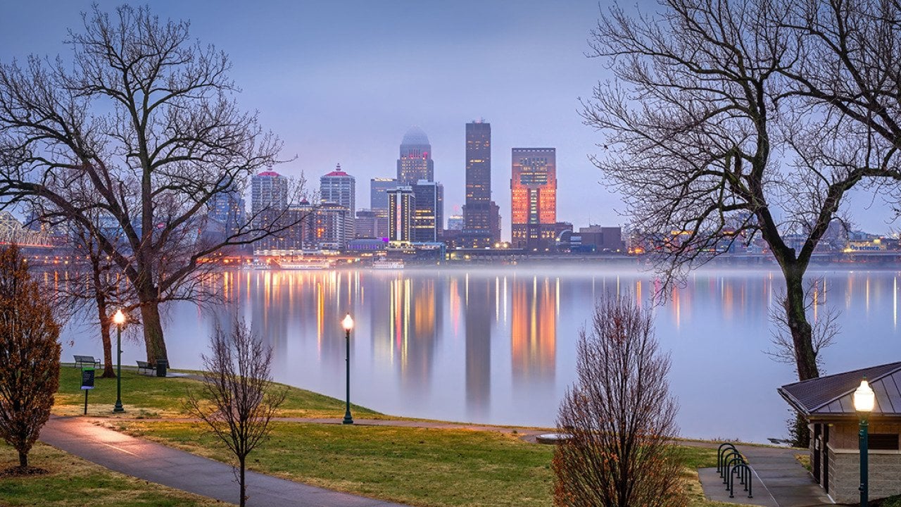 A foggy city view of  the Ohio River in Louisville, Kentucky.