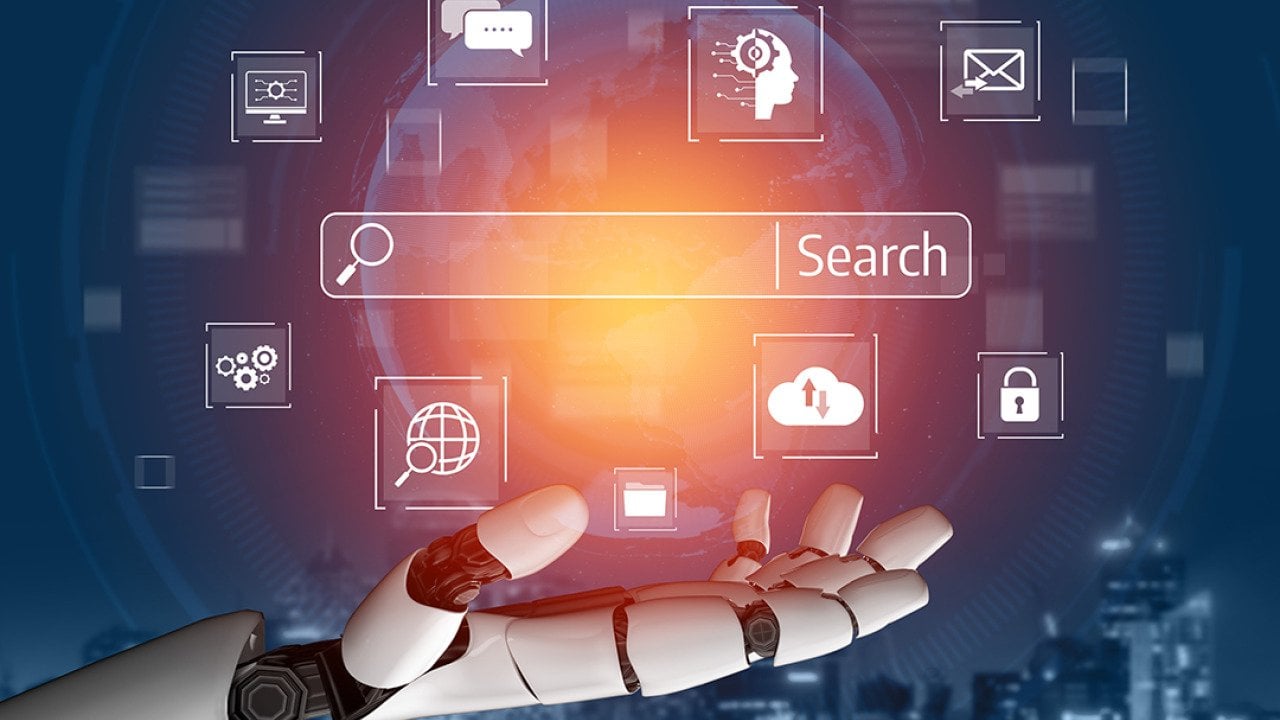 Concept of AI and SEO, keyword search graphics over a hand of a robot.