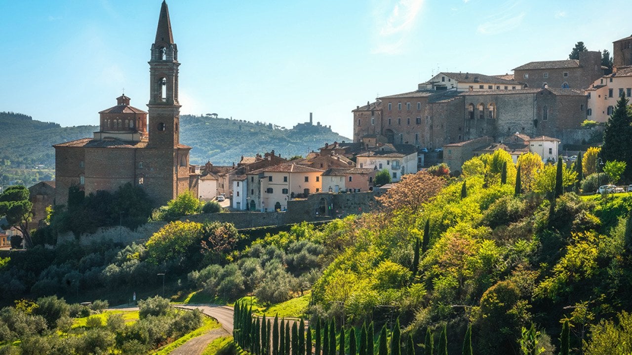 Historic town of Castiglion Fiorentino and the Collegiata di San Giuliano Church in Tuscany, Italy.