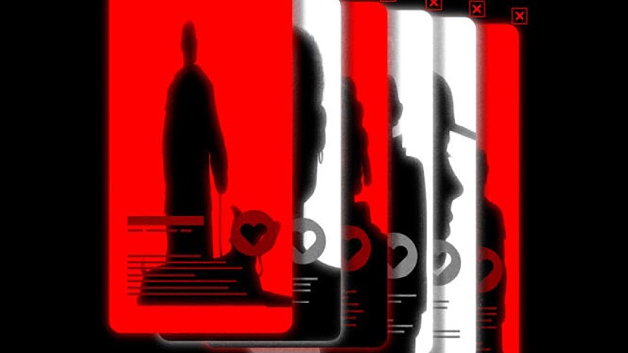 An illustration of a stack of dating app profiles in red, white and black colors.