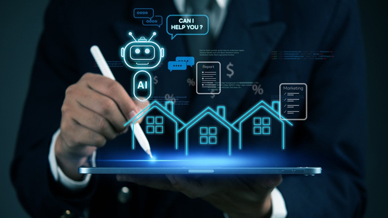 AI chatbot for property management graphics over a person using a tablet.
