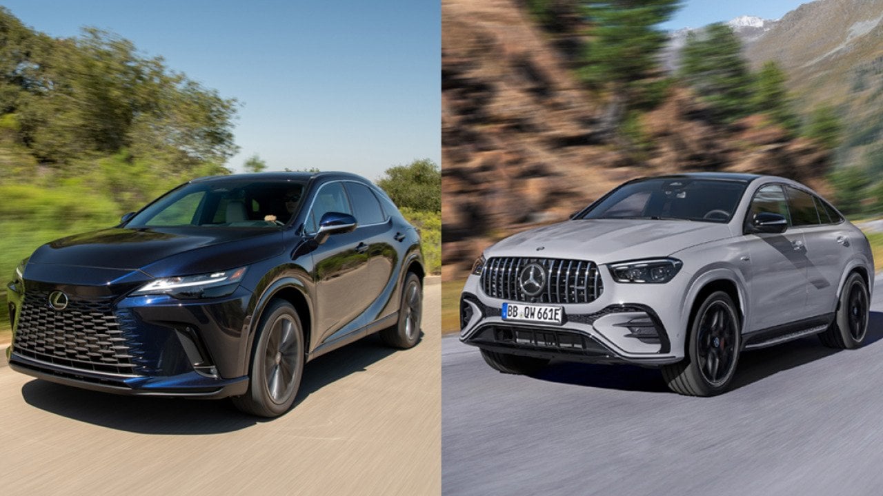 Side-by-side by photos of a Mercedes-Benz GLE and Lexus RX driving on a road.