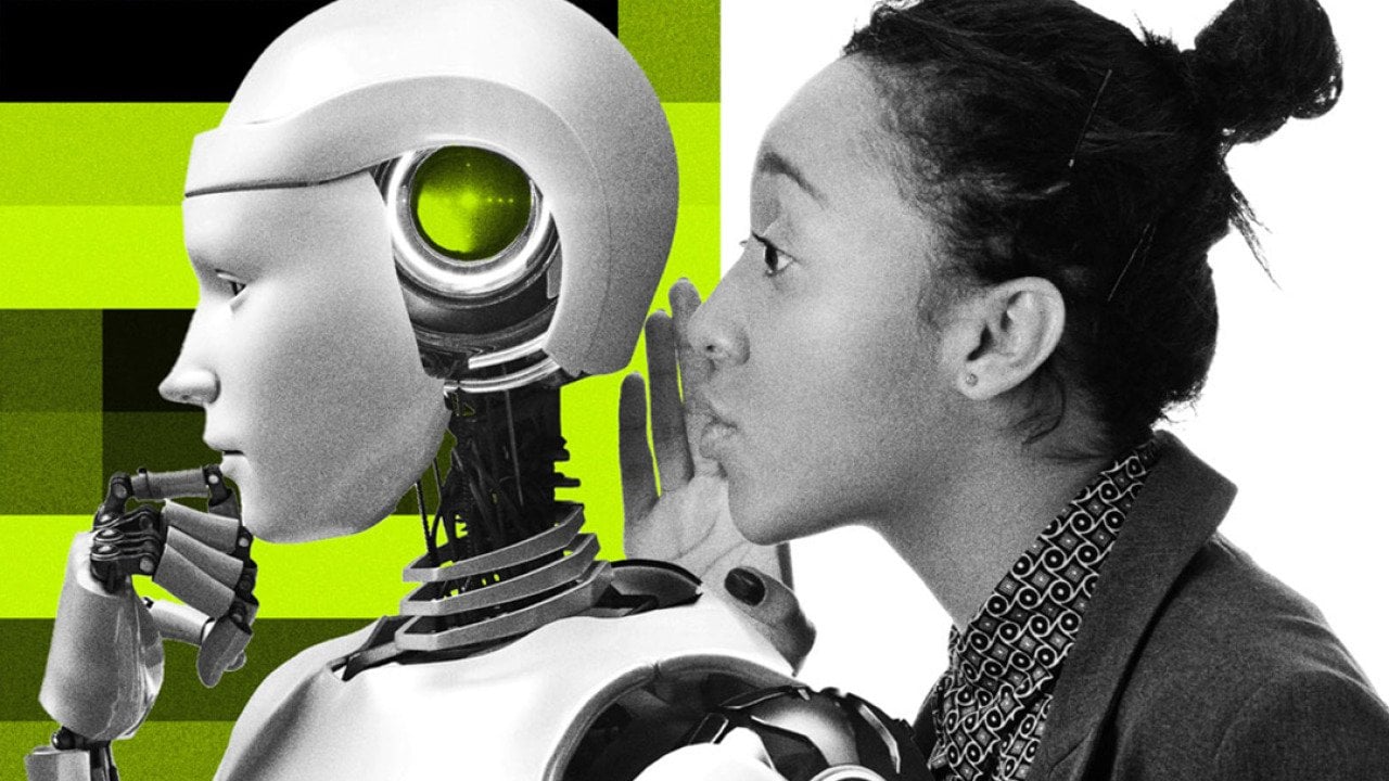 Concept of AI-powered tutoring illustrated with a person dressed professionally that looks like a teacher whispering from behind toward a robot's head.