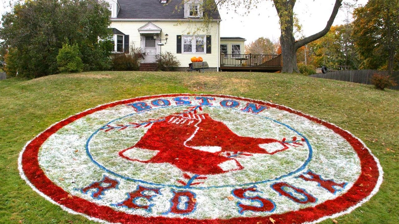 The Red Sox emblem painted on the front lawn of a home at 21 Pine Haven Terrace in South Portland.