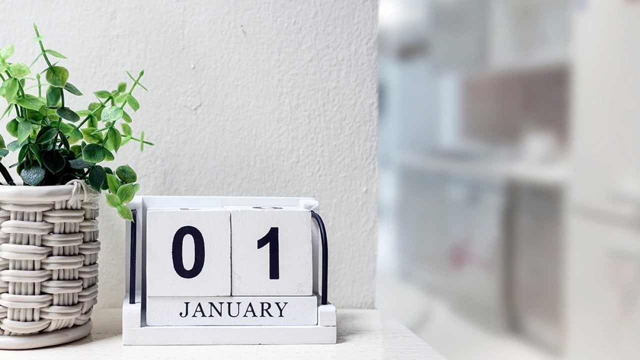 Wooden calendar showing January 1st.