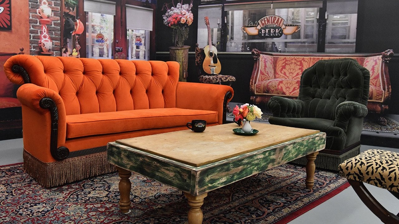 A display of the living room set scene from the TV show, Friends.