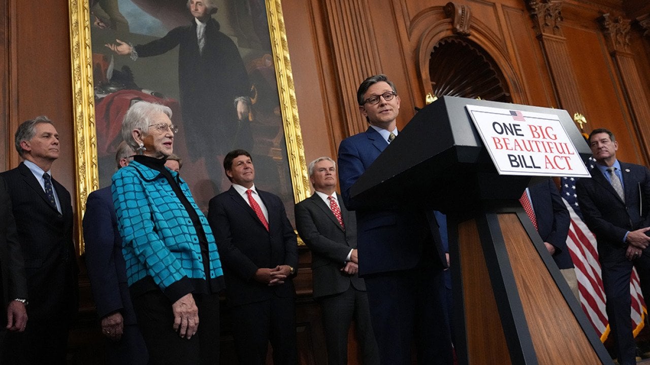 U.S. Speaker of the House Mike Johnson (R-LA) speaks to the media after the House passed the 'One Big Beautiful Bill' at the U.S. Capitol on May 22, 2025 in Washington, DC.