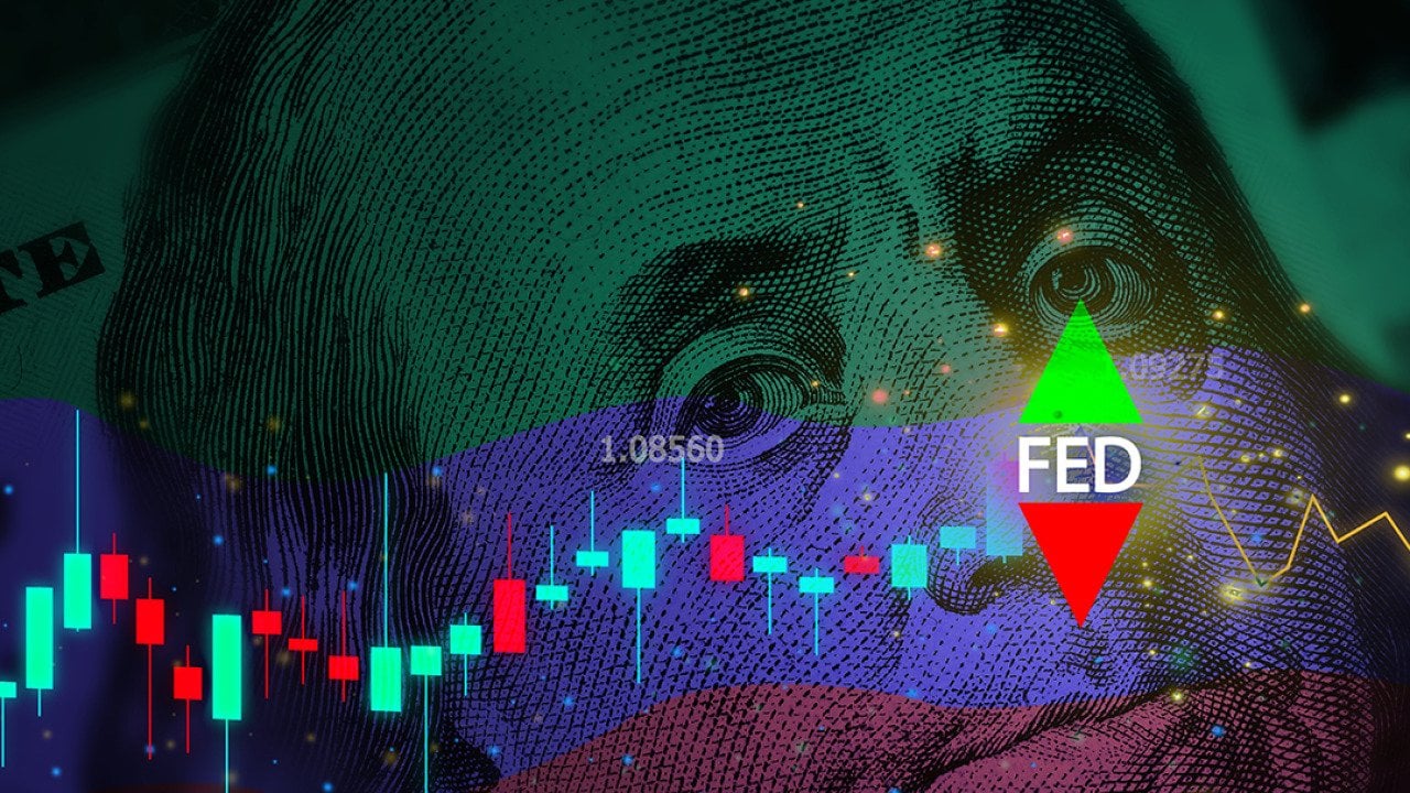 Close up on a US dollar banknote illustrated with Federal Reserve alerts with stock and currency chart graphics.