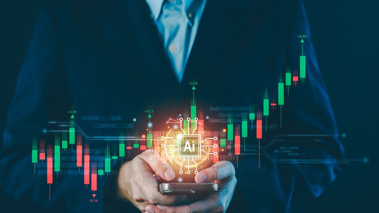 A businessman holding a phone illustrated with AI and stock chart graphics.