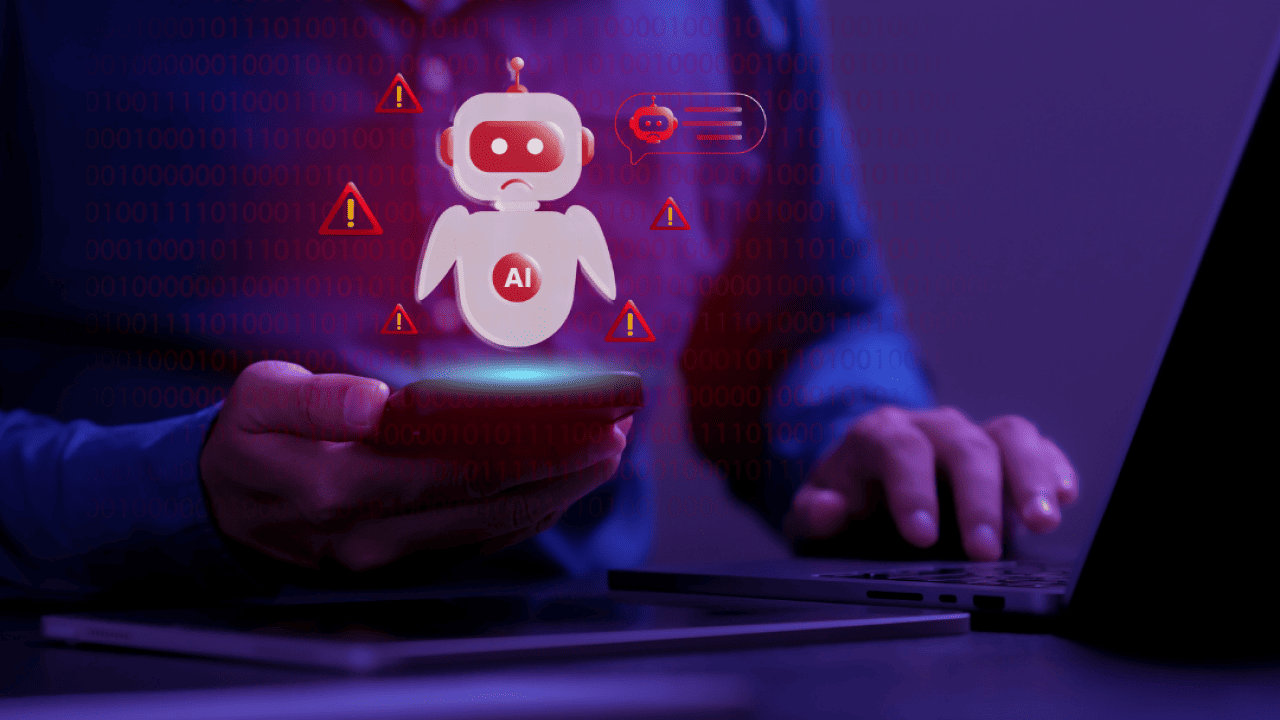 An illustration overlay of a chatbot on a photo of a woman holding a mug and typing on a laptop. 