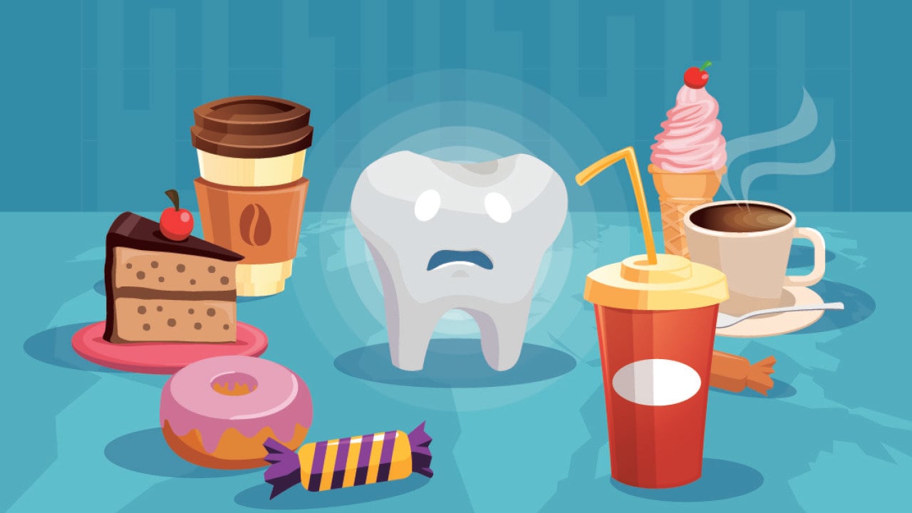 Vector illustration of a sad tooth surrounded with common sweet and sugar-based food.