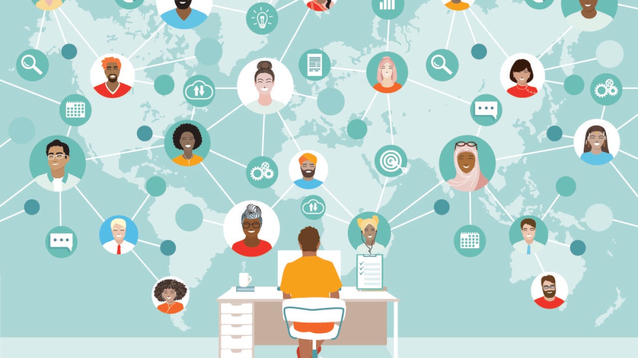 Vector illustration of a network of employees as a concept of virtual remote work.