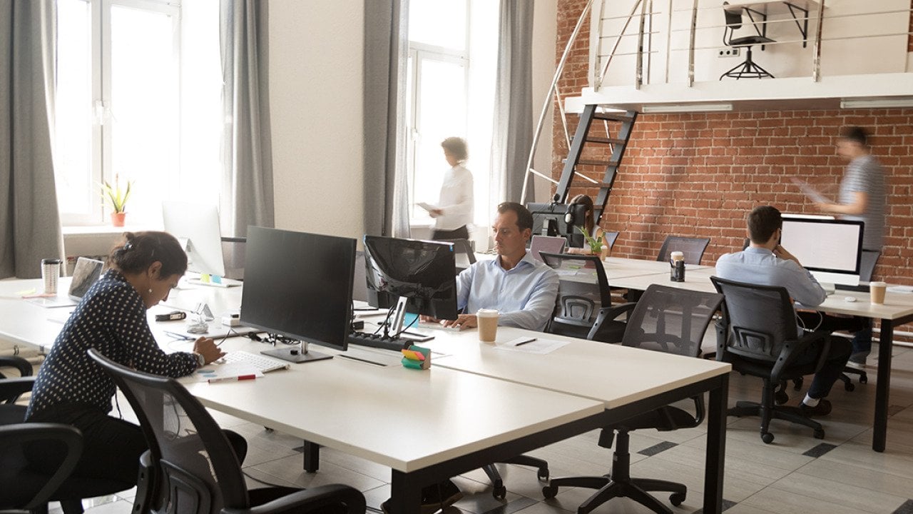 Members of a business team working in a modern office space.