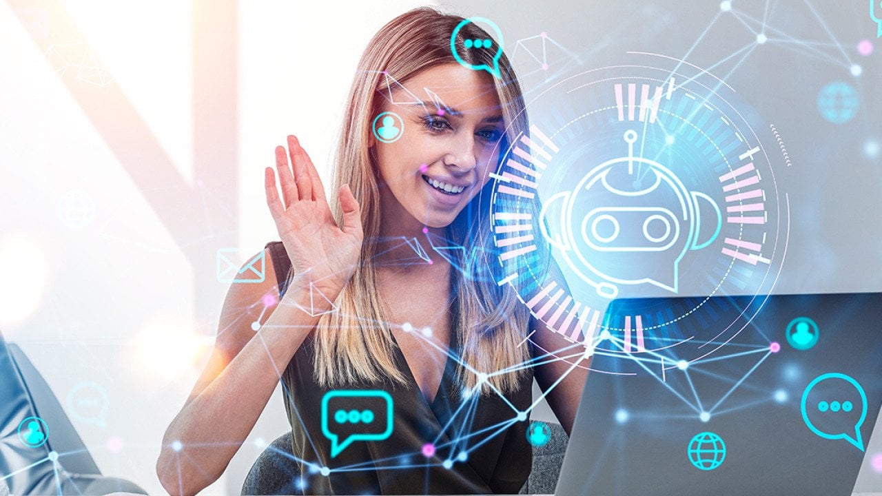 A businesswoman having a virtual call and with illustrations of AI network graphics.