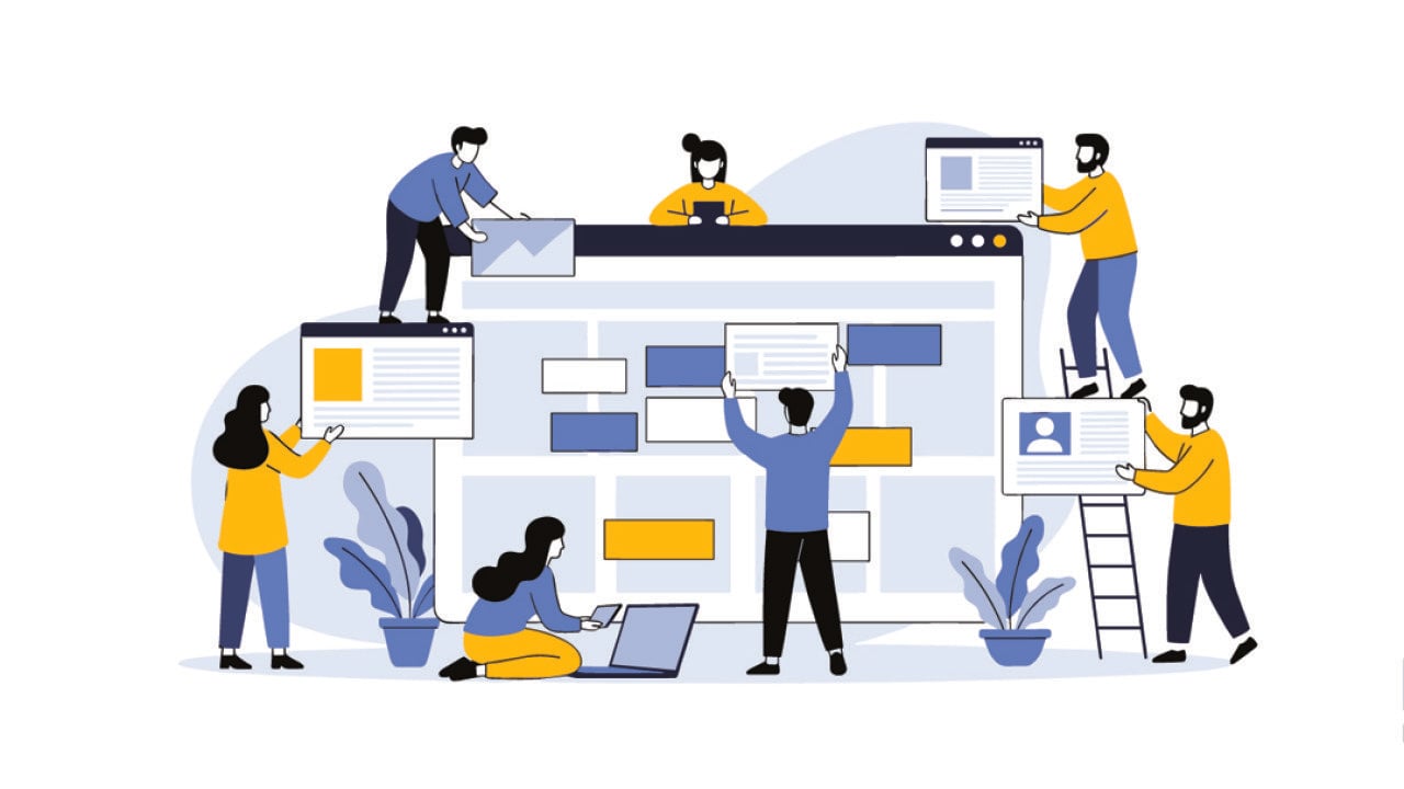 Vector illustration of a business team working together to build an accessible web design project.
