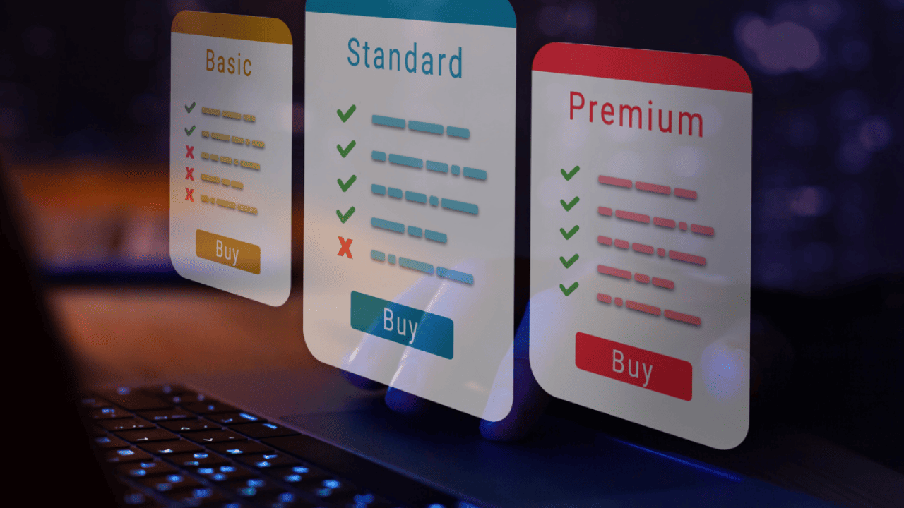 Three options, Basic, Standard, and Premium, float above a keyboard in a subscription plan options concept.