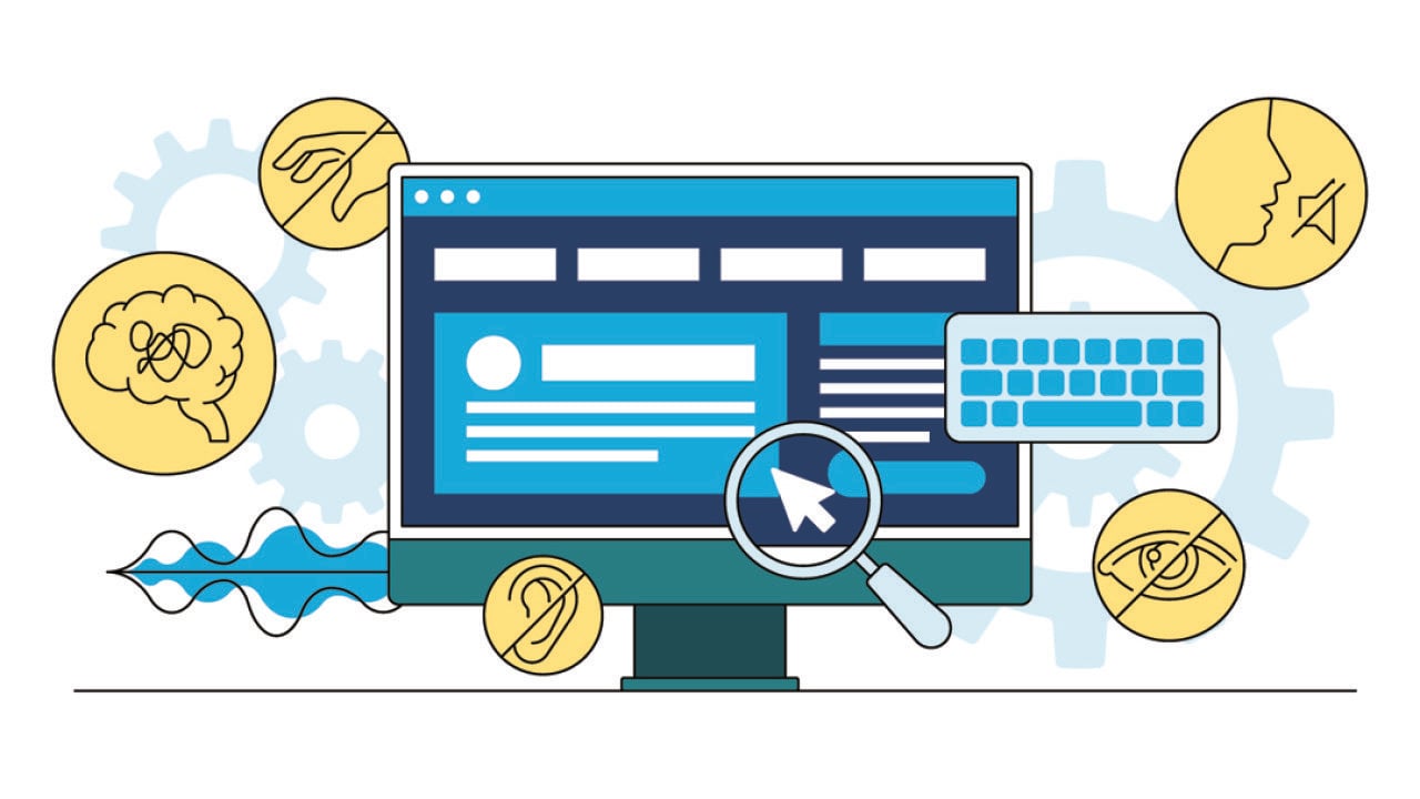 A vector illustration of a monitor with web accessibility graphics.