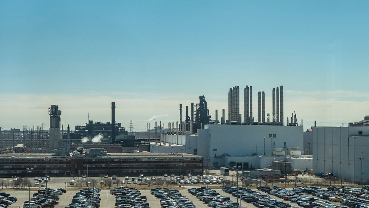 Aerial view of the Ford Motor Company automobile factory complex in Dearborn, Michigan.