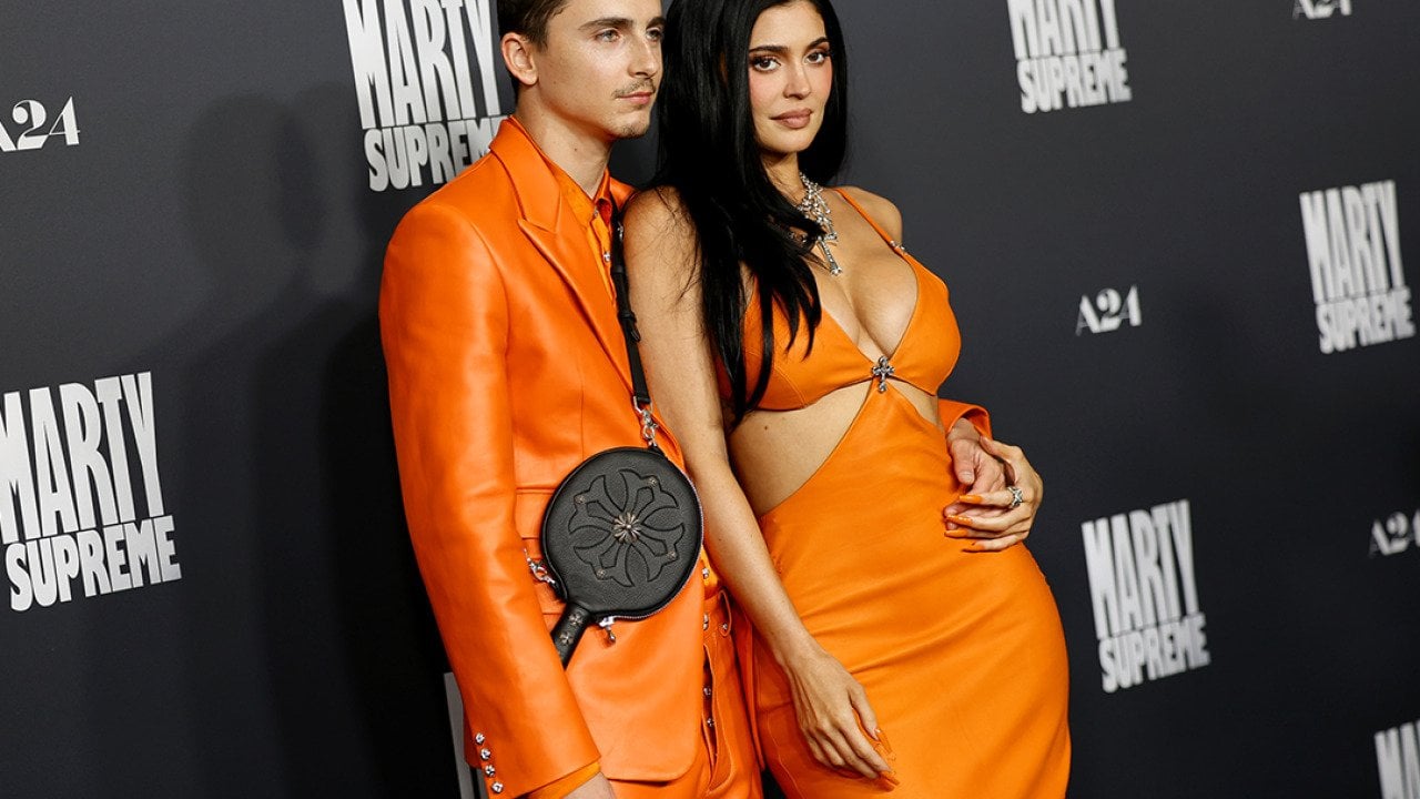 Timothée Chalamet and Kylie Jenner during the Los Angeles premiere of 'Marty Supreme' on December 8, 2025 in Beverly Hills, California.