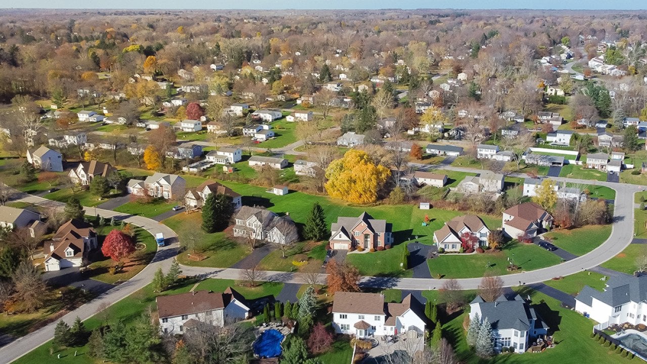 An aerial view of suburban residential homes in Rochester, New York.