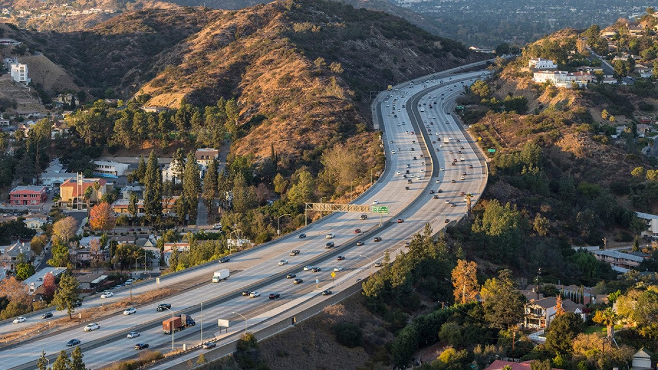 Aerial view of Glendale freeway in California.