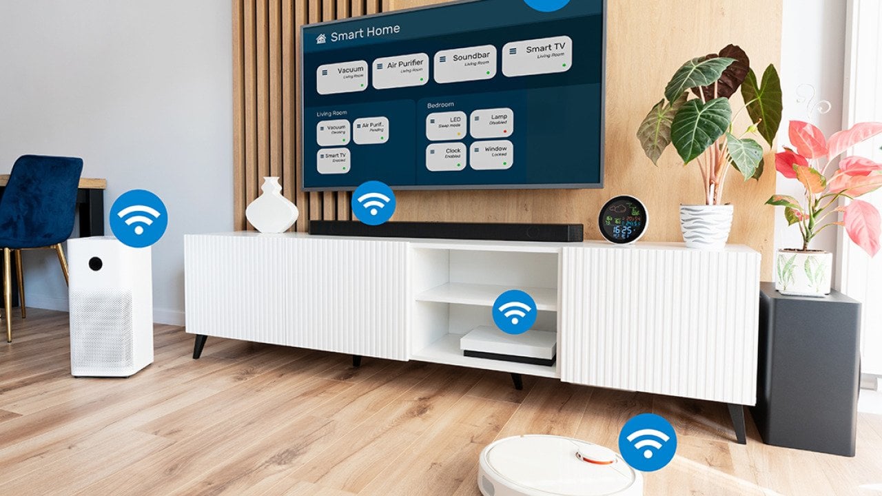 Smart devices in a living room labelled with wifi icons.