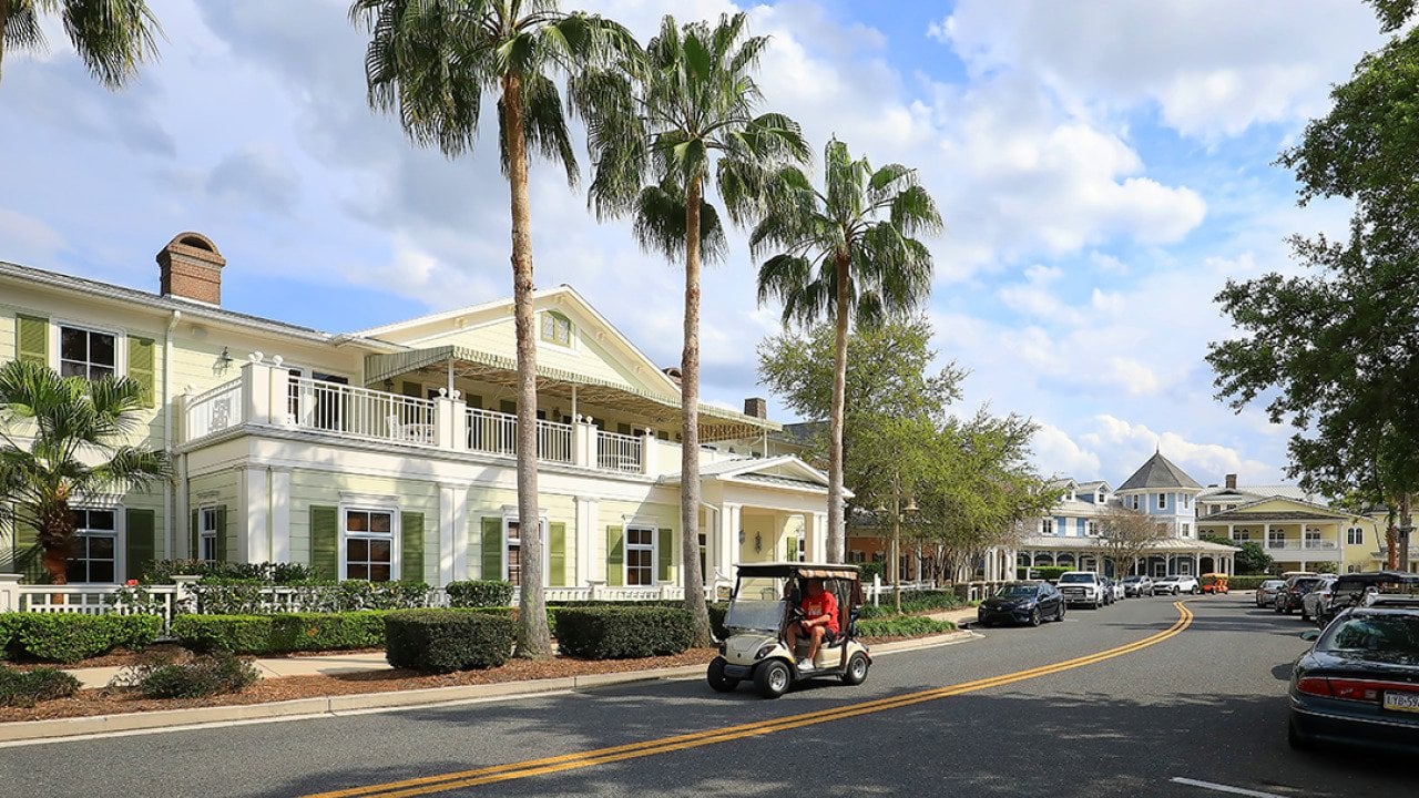 View of a road in The Villages, a popular retirement golf cart-loving community in Florida.