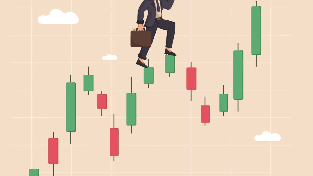 Vector illustration of a businessman with a telescope standing on stock market candlestick chart.