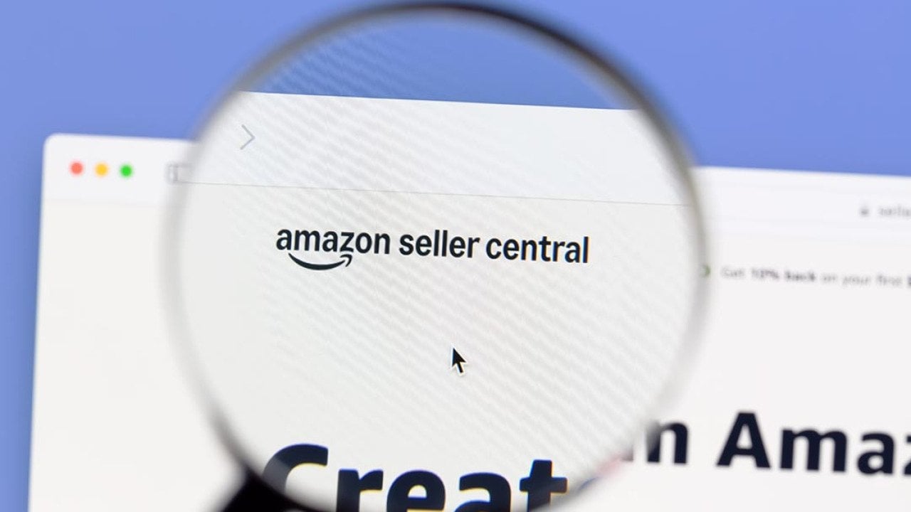 A magnifying glass over 'Amazon Seller Central' page.