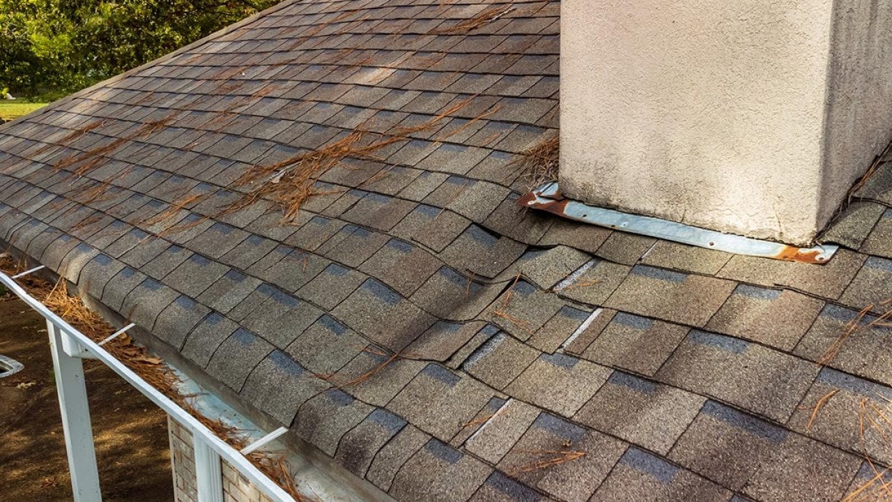 Roof and shingles damaged from water leak.