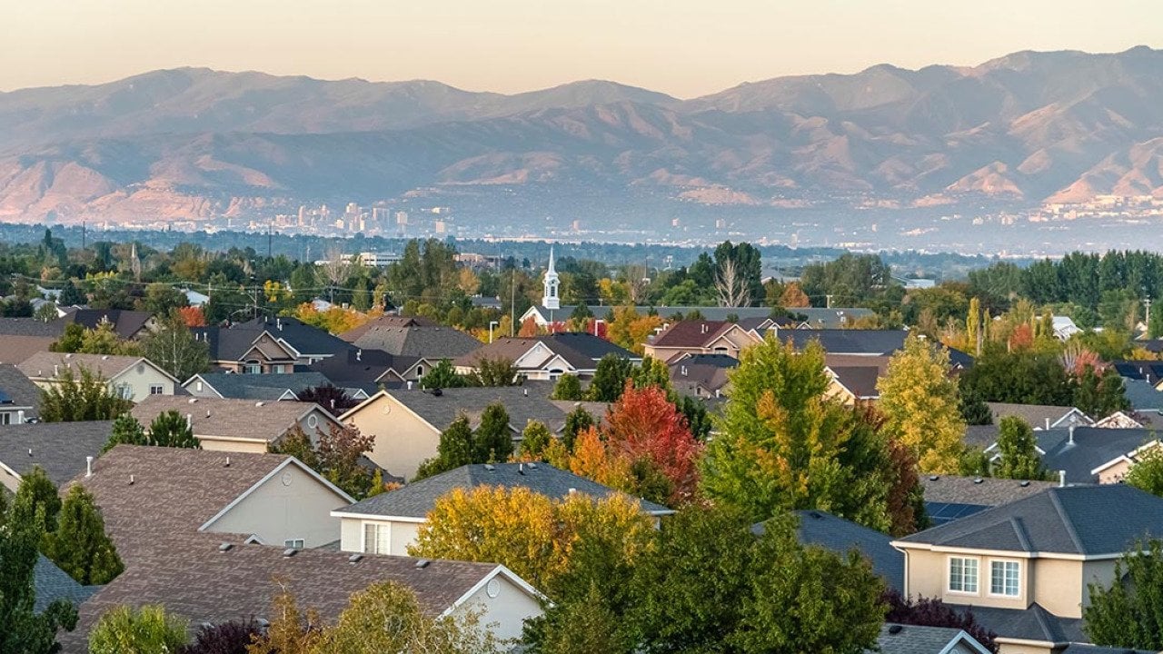 A rooftop view of a suburban neighborhood in Salt Lake City, Utah.