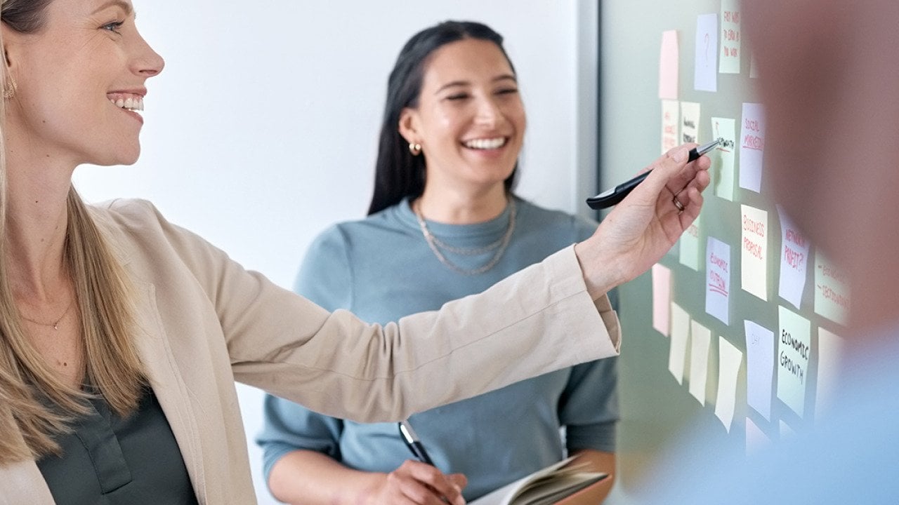A business team planning for a project using sticky notes on a board.