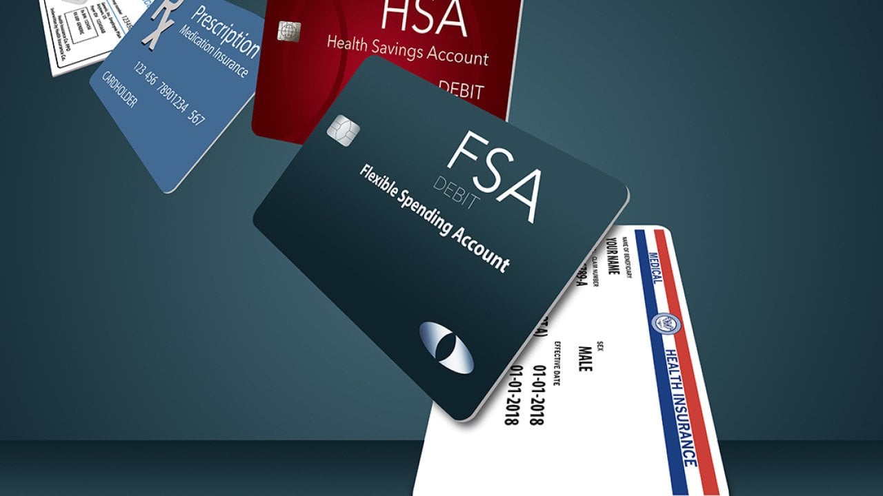 3D illustration of a row of HSA, FSA, discount cards.