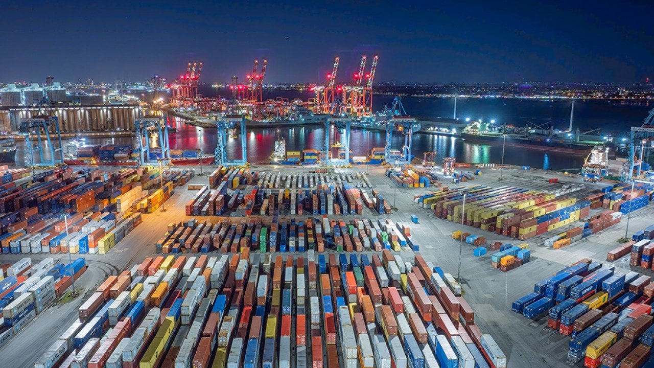 Aerial view of shipping containers in the Liverpool docks in England.