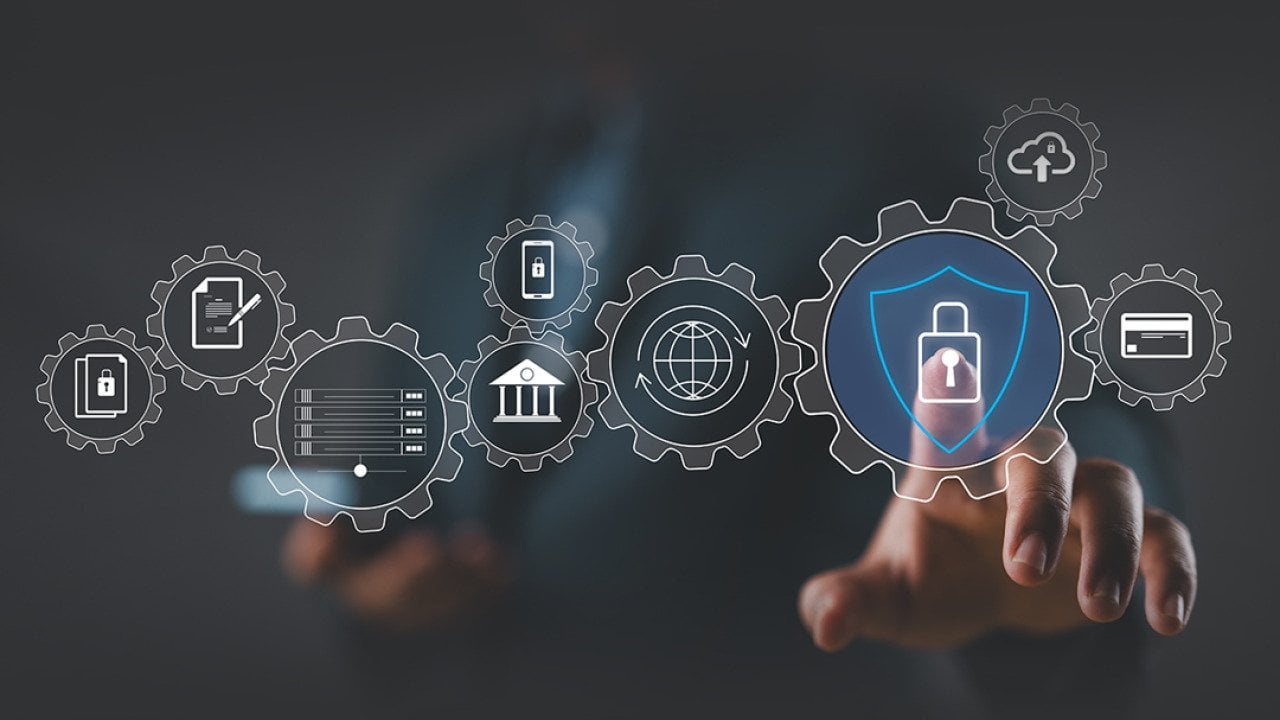 Businessperson navigating an illustration of cybersecurity management software graphics.