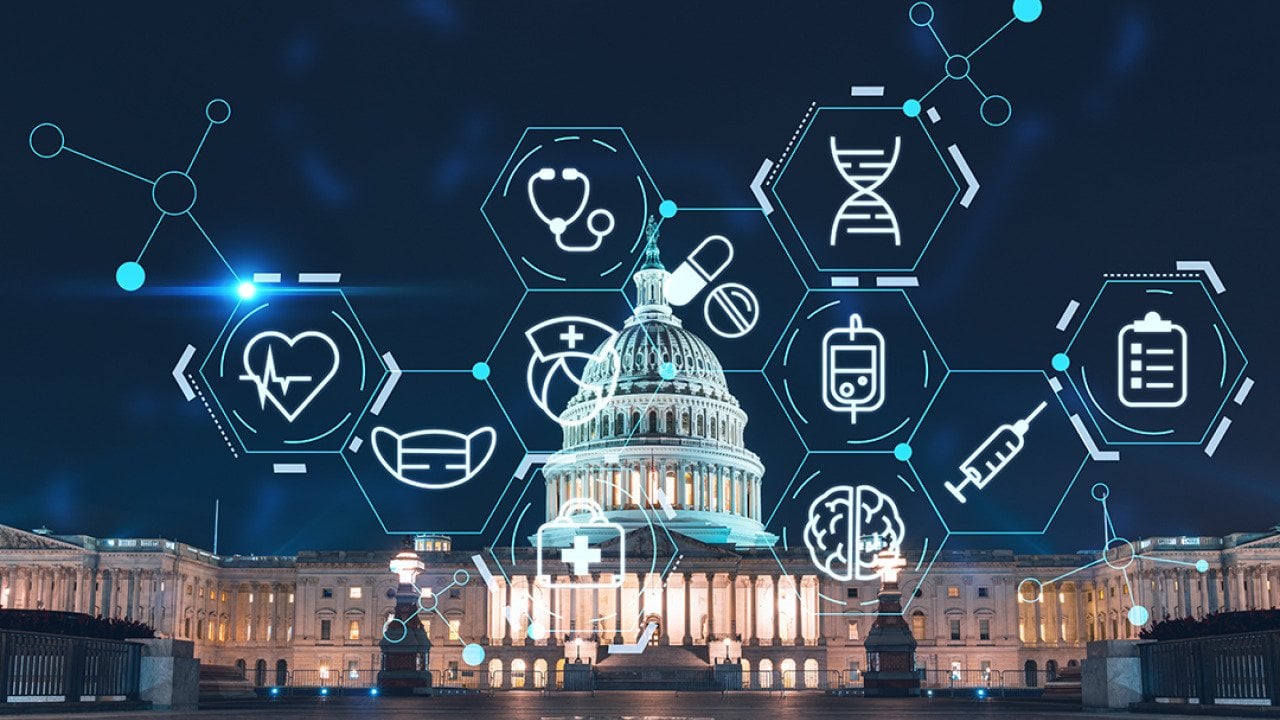 Front view of the Capitol Building in Washington, DC illustrated with digital healthcare network system graphics.