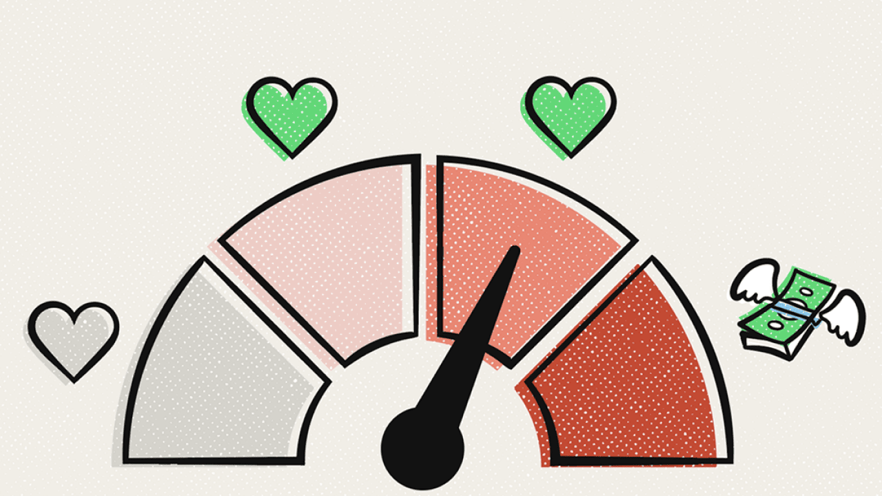 A custom illustration of a four-bar meter labelled with icons of hearts and cash, as a concept of measuring love and money.
