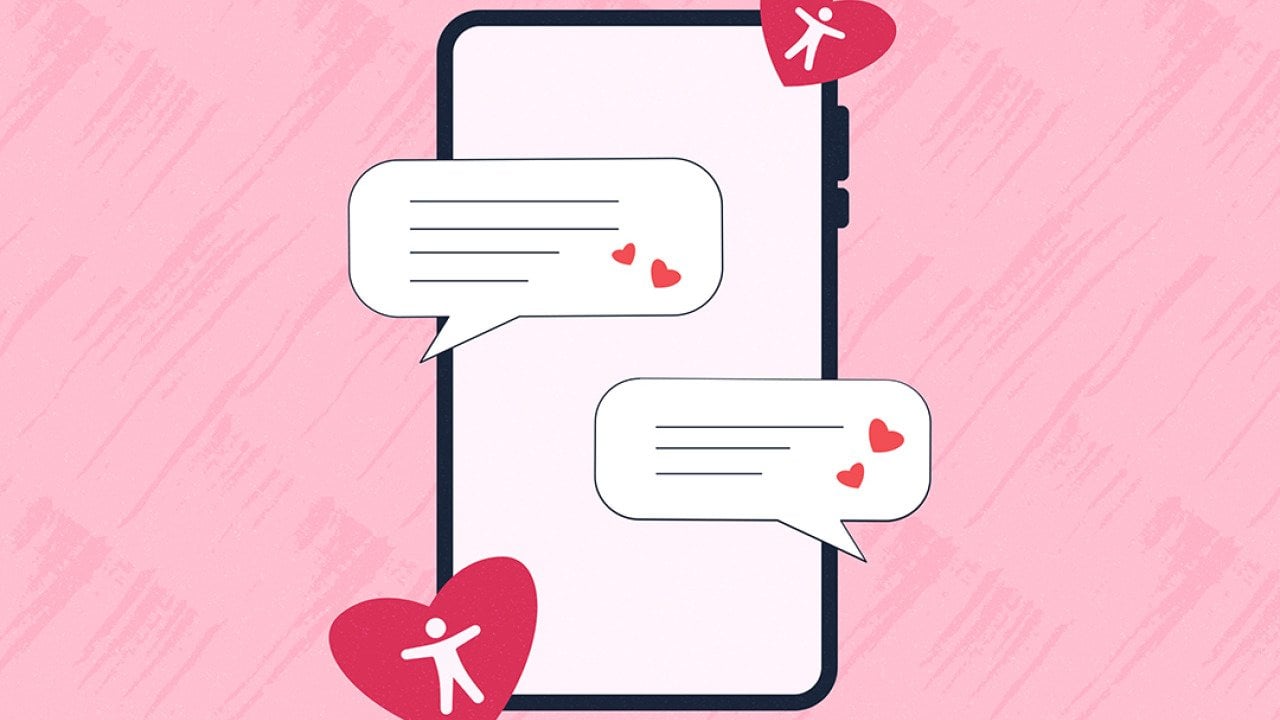 Smartphone illustration with chat bubbles and heart icons on a pink textured background, symbolizing communication and affection.